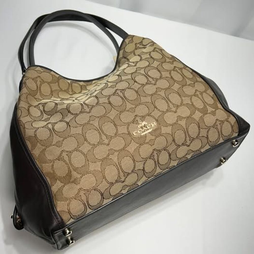 Coach Edie Shoulder Bag 31 Signature Jacquard Brown Leather 36466